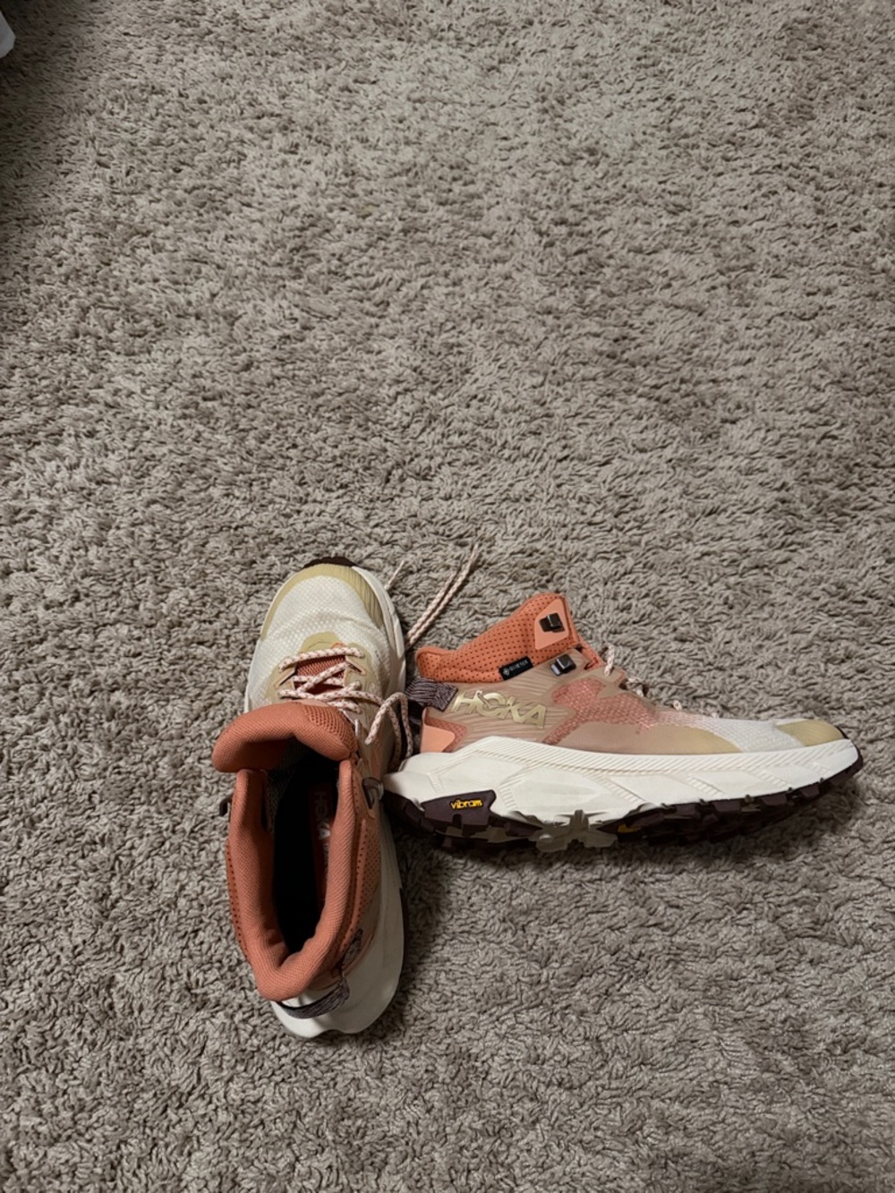 Hoka Trail Running Shoes in Coral and Cream with Tan Accents